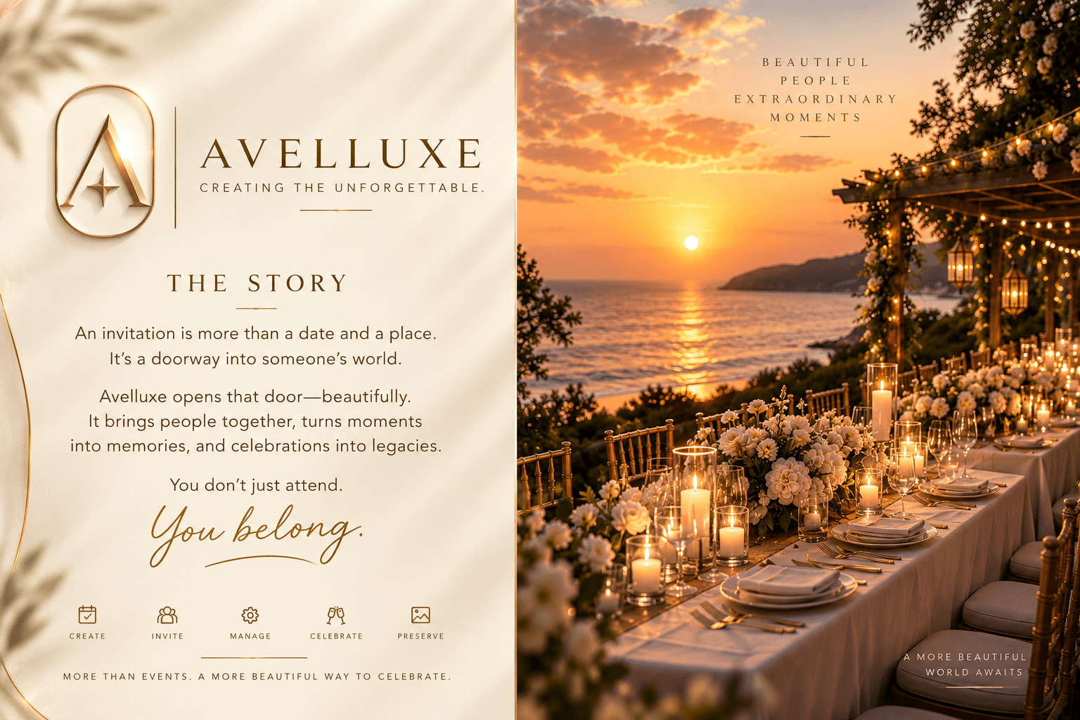 Avelluxe story artwork showing golden doors opening into a sunset dinner scene.