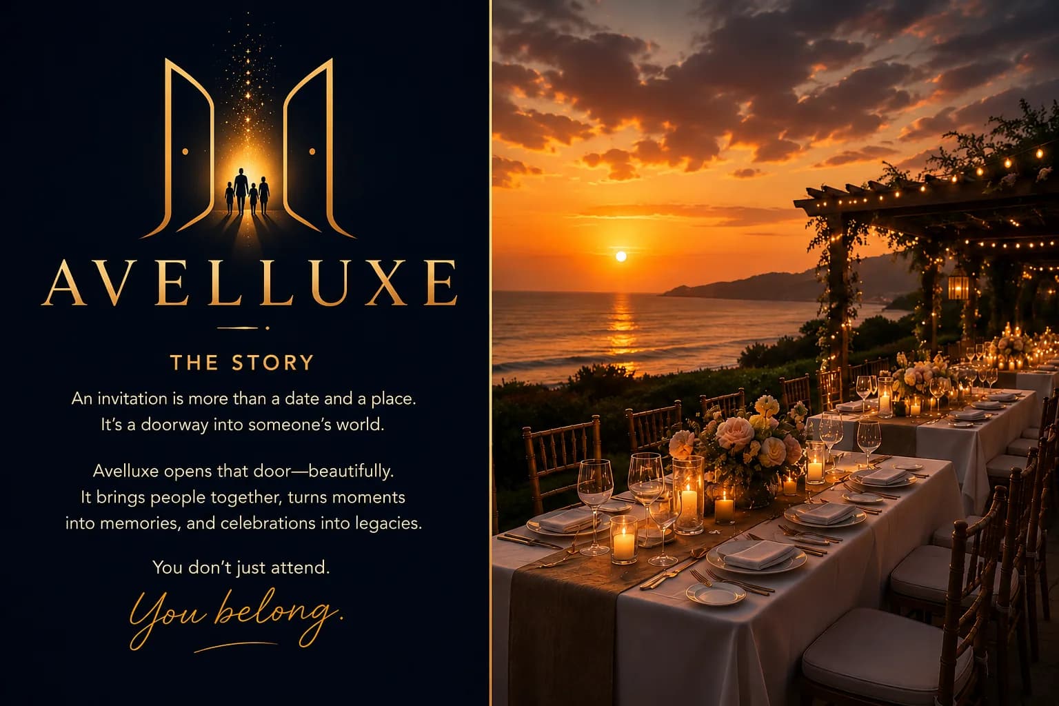 Avelluxe story artwork showing golden doors opening into a sunset dinner scene.